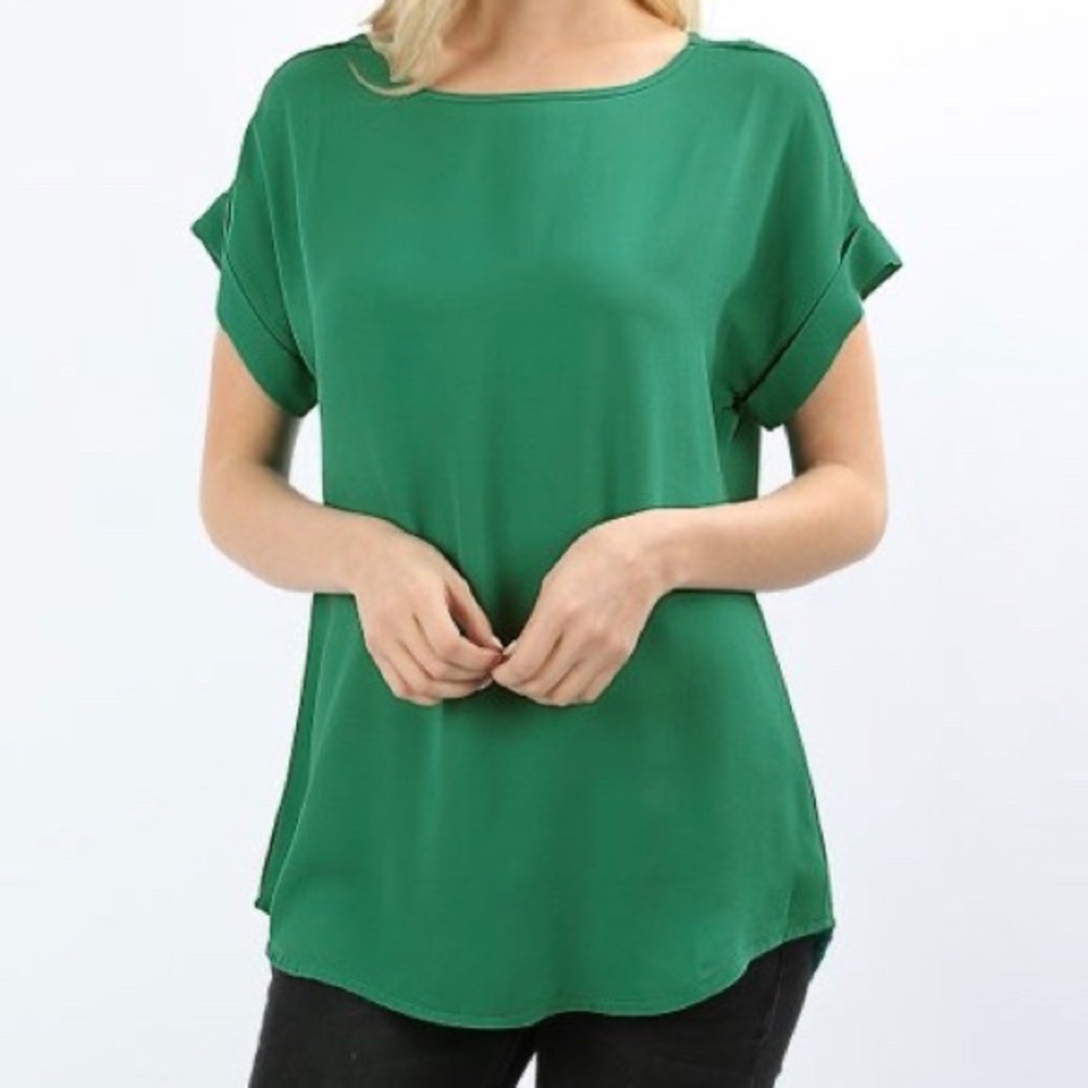 Plus Size Kelly Green Cuffed Sleeve Blouse